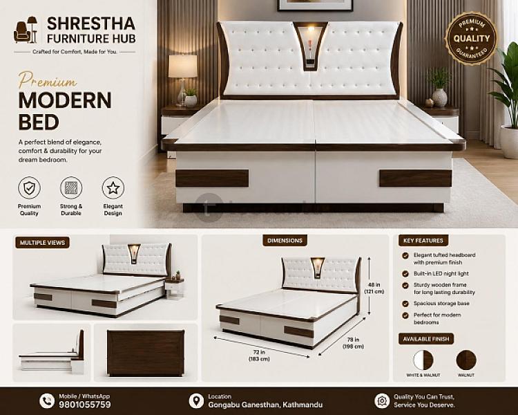 Modern Storage Bed 6x6.5 Feet - Dual Tone Premium Furniture Bed With Headboard Cushioned Backrest & Nightstands