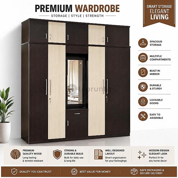 4-door Wooden Wardrobe With Dressing Mirror (6x6.5 Ft) - Overhead Storage Cabinet & Lockable Drawers