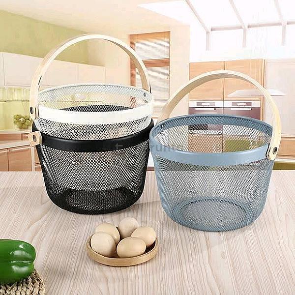 Racksense | Mesh Steel Storage Organizer Basket With Bamboo Handle | Round