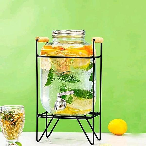 Mason Jar Glass Beverage Juice Dispenser With Tap & Metal Stand With Wood Handle 5l