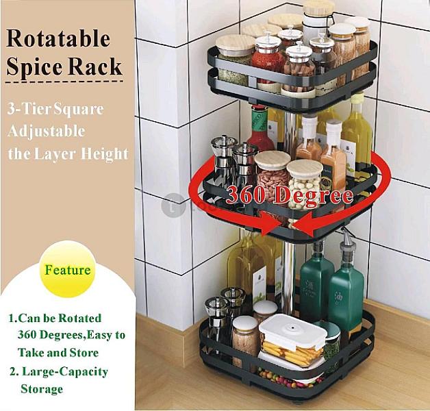 Racksense / 3 Tier 360 Degree Rotating Masala Rack, Height Adjustable, Suitable For Kitchen (Square)
