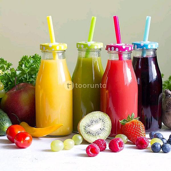 Glass Juice Bottle With Straw | 300 Ml | Multicolor Lid