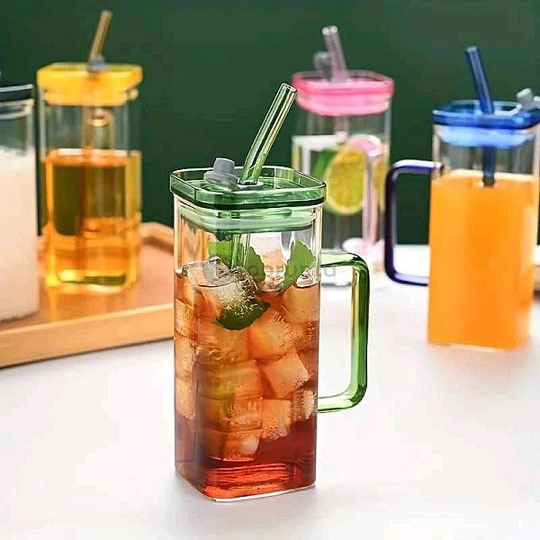 Multicolor Glass Tumbler With Glass Straw And Lid 380ml Square Drinking Glass