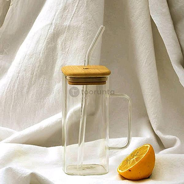 Clear Glass Tumbler Transparent With Bamboo Lid & Glass Straw 380ml