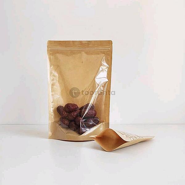 Stand Up Pouch With Thick Front Transparent Plastic Display Window & Resealable Zip-lock Kraft Paper Bag For Food Storage (100 Pcs)
