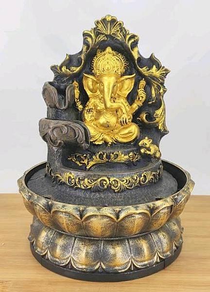 Lord Ganesh 3 Steps Water Fountain With Led Lights And Water Pump (Brown, Golden, 12″ X 8″ X 8″)