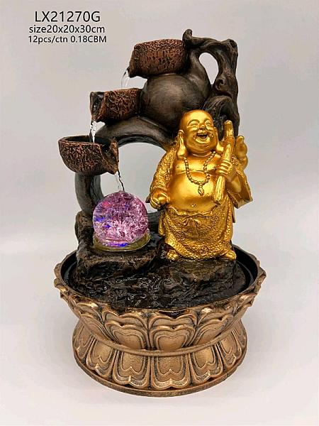Laughing Buddha 3 Step Water Fountain With Led Lights And Water Pump (Brown & Gold, 12″ X 8″ X 8″)
