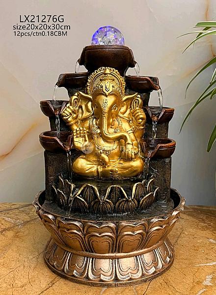 Lord Ganesh 7 Steps Water Fountain With Led Lights And Water Pump (Brown, Gold, 12″ X 8″ X 8″)