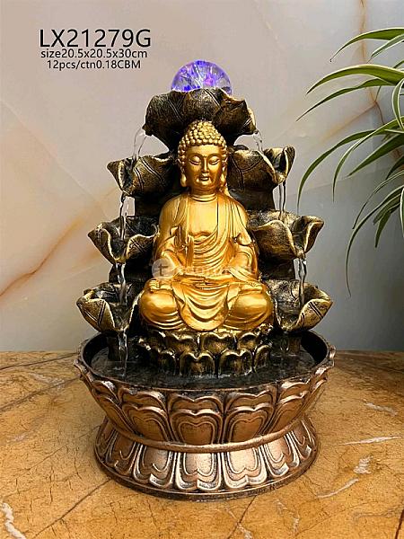 Lord Buddha 7 Steps Water Fountain With Led Lights And Water Pump (Brown, Gold, 12″ X 8″ X 8″)