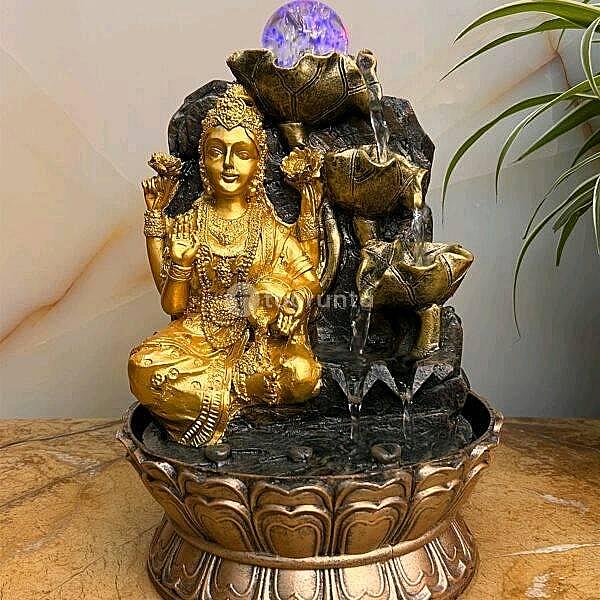 Maha Laxmi 3 Steps Water Fountain With Led Lights And Water Pump (Brown, Gold, 12″ X 8″ X 8″)