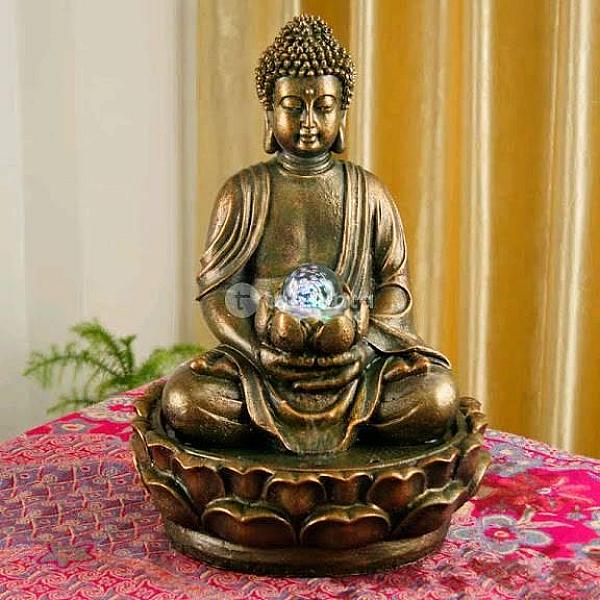 Lord Buddha Water Fountain With Led Lights And Water Pump (Brown, Golden, 16.5″ X 12.5″ X 10.5″)