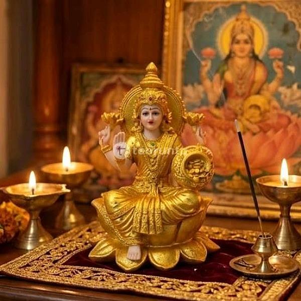 Maha Laxmi On Lotus Statue (Golden, 7.5″ X 5″ X 5″)